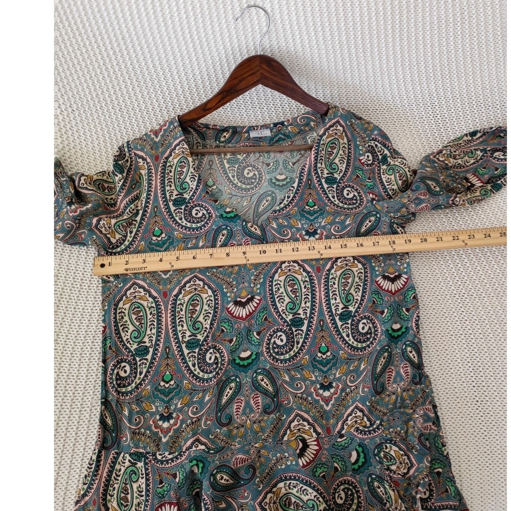 Just Paul Paisley Boho Mini Dress Teal V-Neck Bell Sv Ruffle Hem Poland Made - Picture 6 of 11